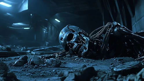 Damaged robotic skeleton lies in dark industrial ruins