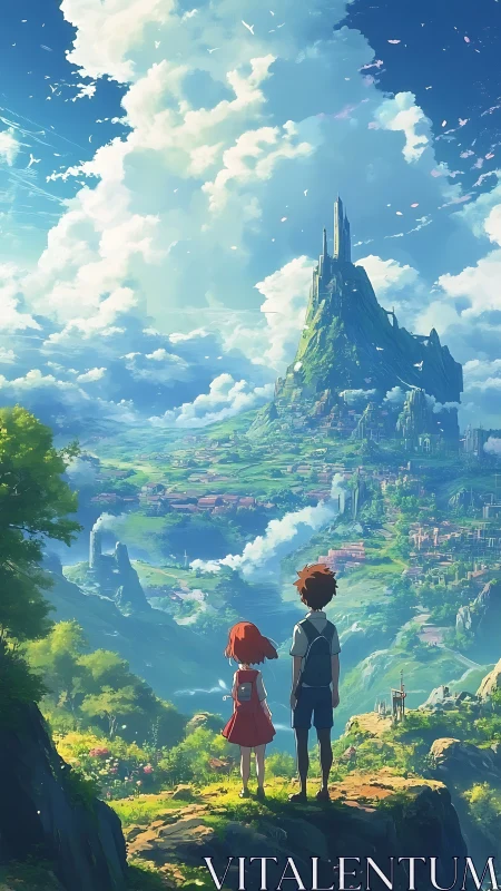 Anime landscape vista with children overlooking mountain citadel.