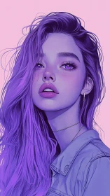 Violet haired girl gazes upward under soft pastel lighting
