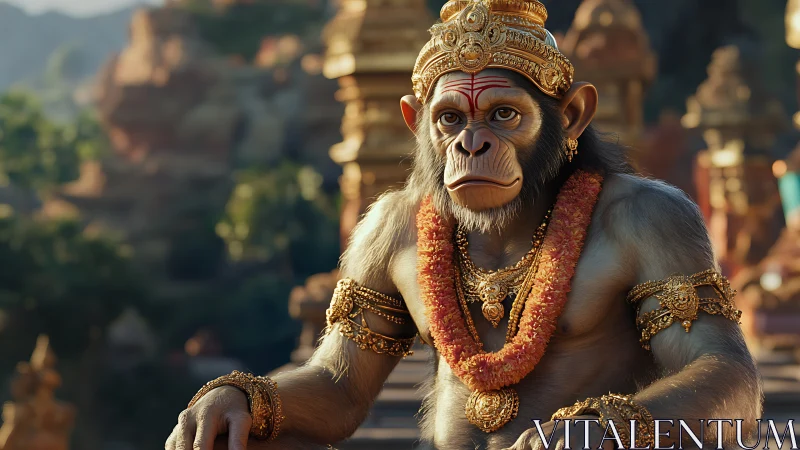 Regal monkey deity in ornate gold temple courtyard at dusk.