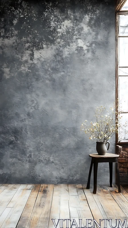 Weathered interior wall with stool, vase and window light.
