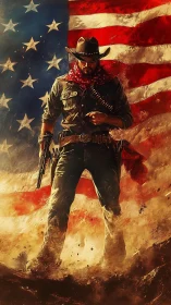 Lone armed cowboy strides through dust against weathered US flag