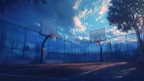 Outdoor basketball court stands empty under early evening sky