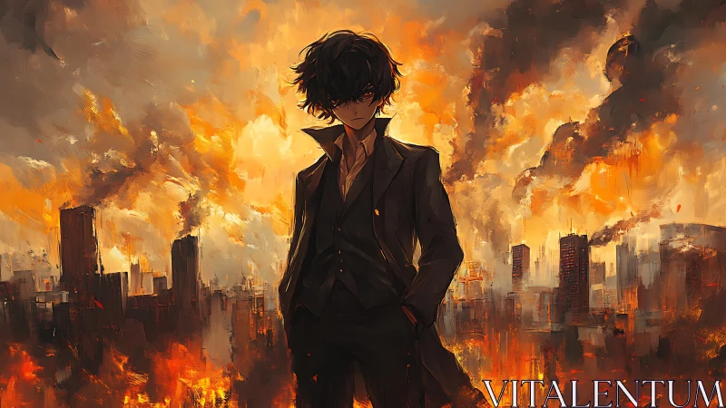 Stoic wanderer standing calm in a storm of burning skies.