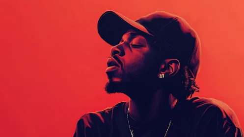 Side profile digital portrait of man in cap on red.