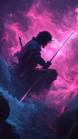 Wandering swordsman resting within swirling cosmic fire.