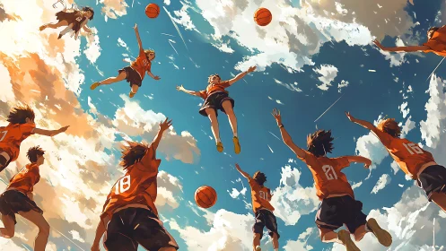 Multiple basketball players are rendered mid-jump in sky scene