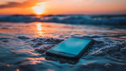 Sunset-tide smartphone quietly surrendering to the sea.