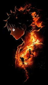 Flameborn pirate silhouette blazing against midnight void.