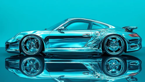 Chrome sports coupe reflected on glossy cyan surface.