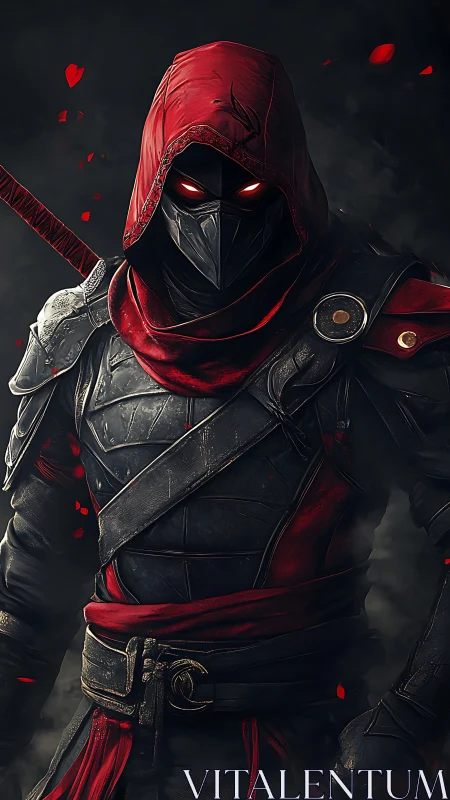 Shadowy hooded warrior stands in glowing crimson armor
