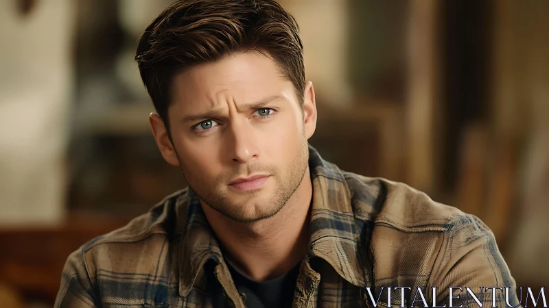 Young man in plaid shirt with neutral indoor background.