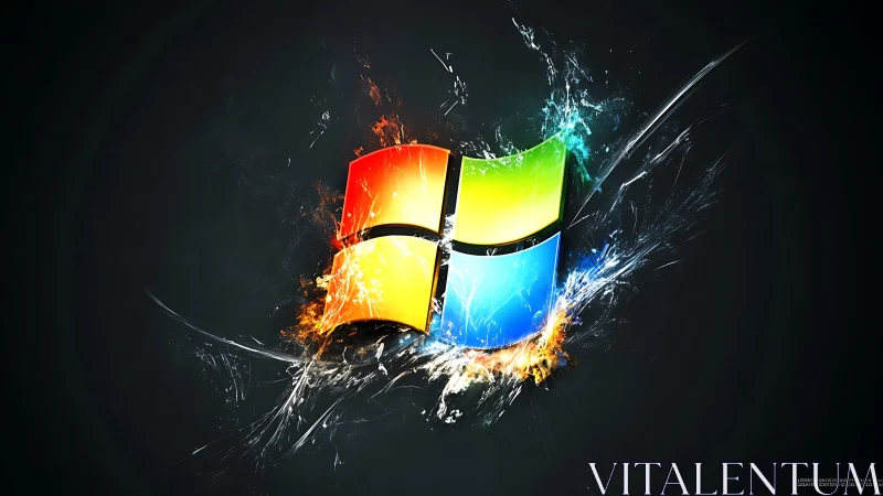 Exploding Windows logo with fiery and icy energy effects.