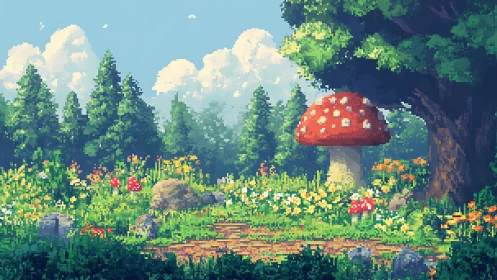 Pixel art forest scene with red spotted mushroom and flowering meadow.