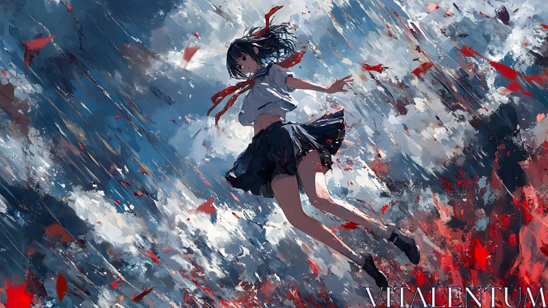 Kinetic anime figure suspended in turbulent atmospheric vortex.