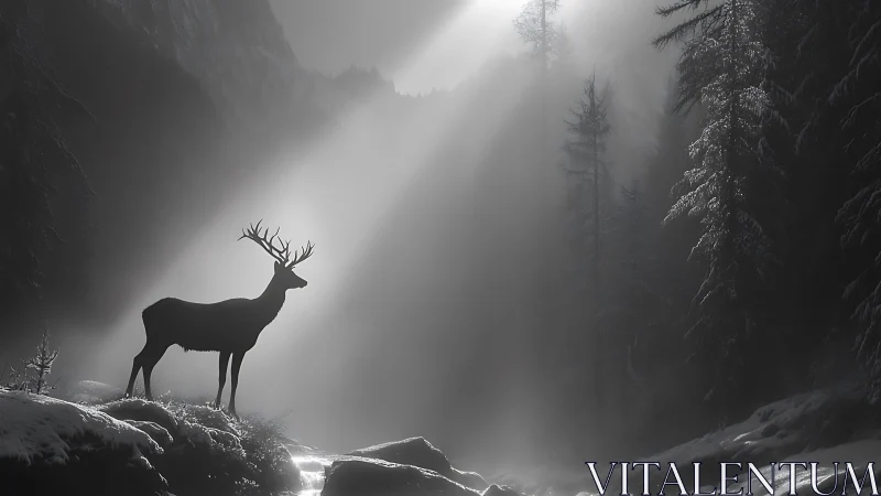 Majestic deer in snowy forest with dramatic sun rays, black and white.