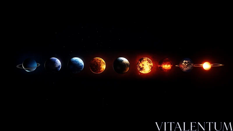 Stylized planetary sequence aligned across deep space void.