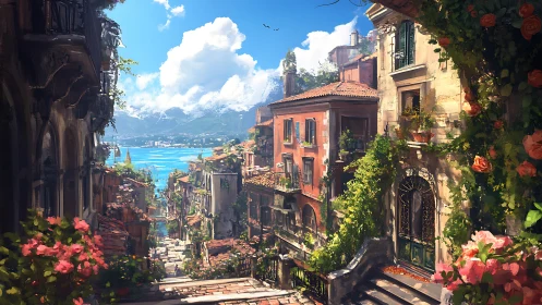 Sunlit Mediterranean hillside street overlooks vibrant coastal bay