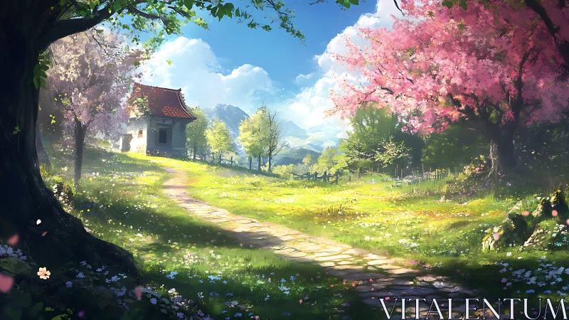 Rural stone path leading to small house amid spring trees.