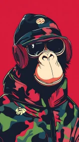 Streetwear monkey portrait in bold camouflage vector art.