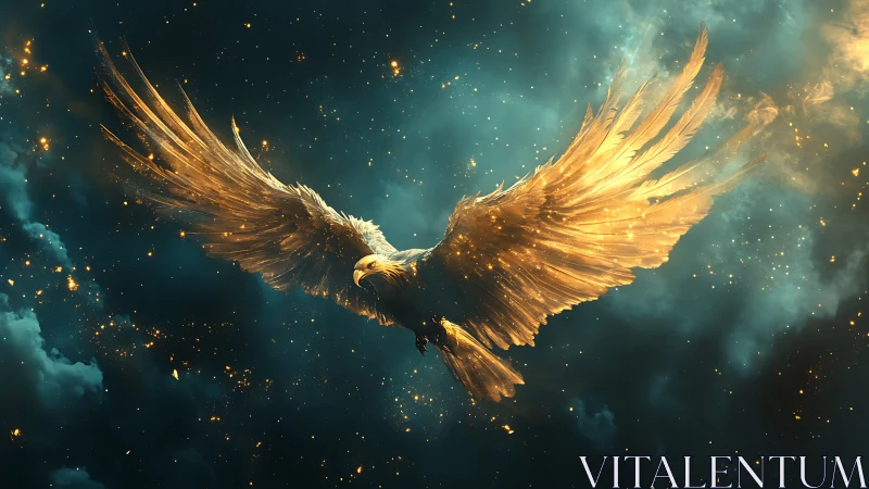 Majestic Golden Eagle Soaring in a Dreamlike Cosmic Sky.