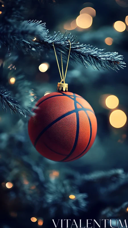 Basketball ornament hangs from frosted Christmas tree branch