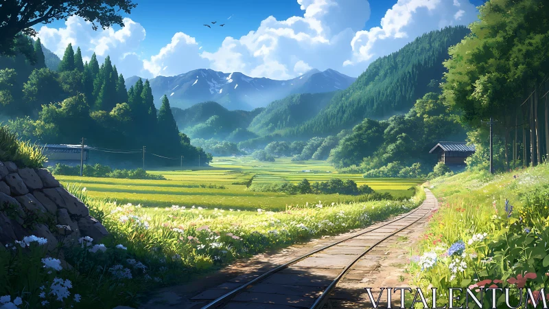 Rural railway cutting through luminous valley rice fields at noon