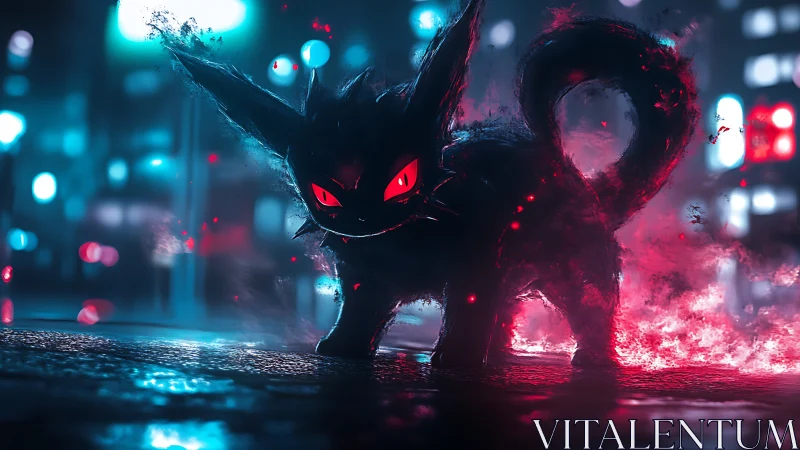 Shadowy red-eyed cat creature in neon urban nightscape.