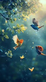 Gentle songbirds dancing in soft forest morning light.