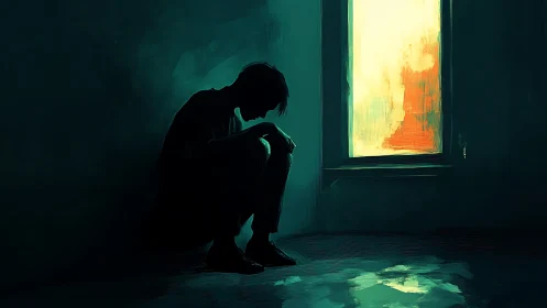 Solitary silhouette near glowing window in dark room.