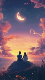 Two figures observe crescent moon above landscape at dusk.