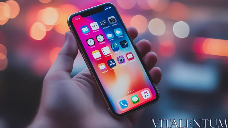 Smartphone display with application icons held in hand against bokeh background