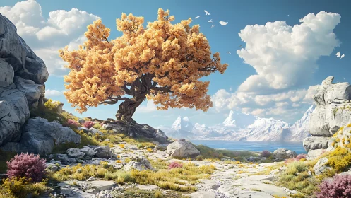 Digital painting of golden tree in luminous alpine valley.