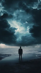 Solitary figure under storm-laden ocean sky rendered cinematically