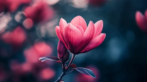 Pink Magnolia Bloom Glowing in Stillness.
