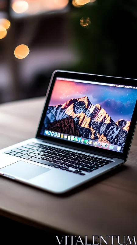 Mountain-lit laptop waits on a bokeh-kissed wooden desk.