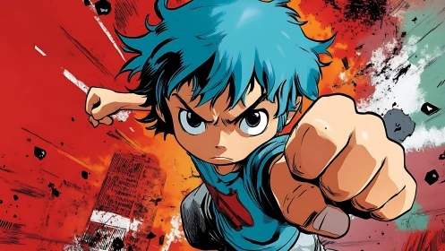 Blue-haired boy punches forward against explosive backdrop