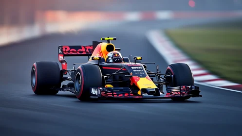 Formula race car exits corner on smooth, dry racetrack