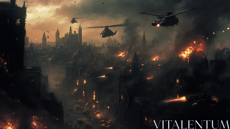 Burning city skyline under stormy war-torn twilight skies.