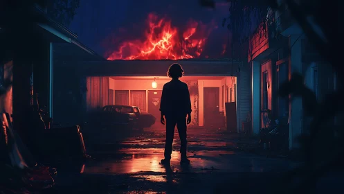 Silhouetted Figure in Inferno. Neon Apocalypse.