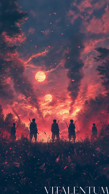 Silhouetted figures stand before dual moons in red sky