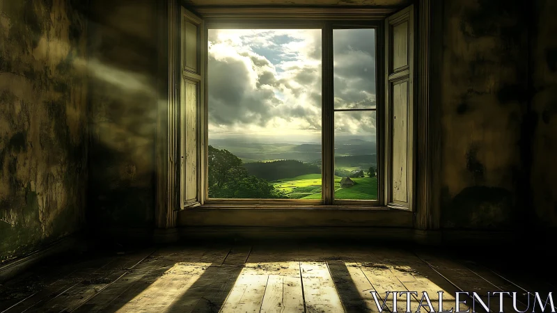 Sunlit rural landscape framed by decayed interior window aperture