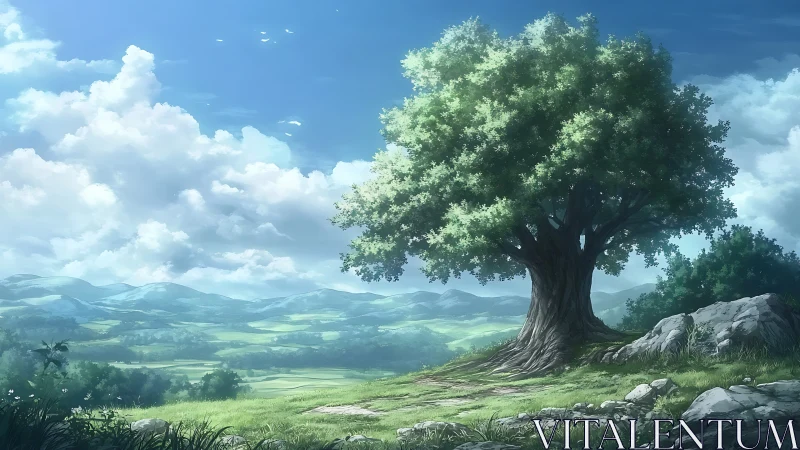 Sunlit hilltop tree welcomes quiet views of distant valleys