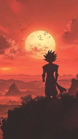 Silhouetted warrior figure facing large sun over red landscape.