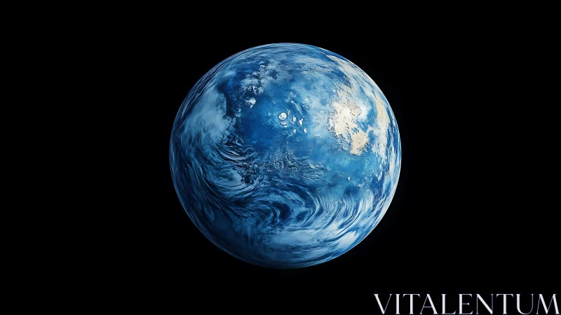 Blue water world planet with swirling clouds in space.