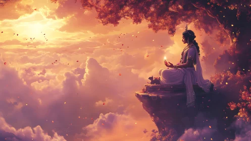 Sunlit cliff meditation above glowing cloud horizons.