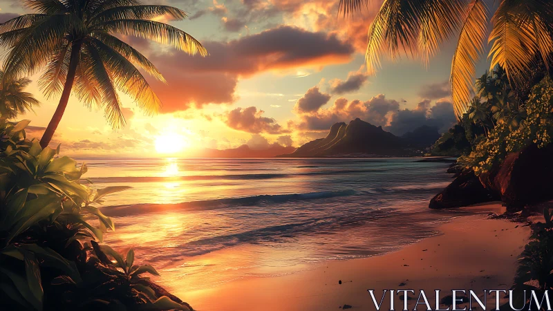 Tropical sunset illuminates secluded palm-framed shoreline