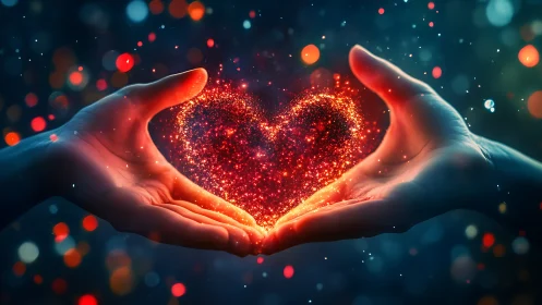 Cupped Radiance: Heart Shaped Light Escapes Outstretched Palms