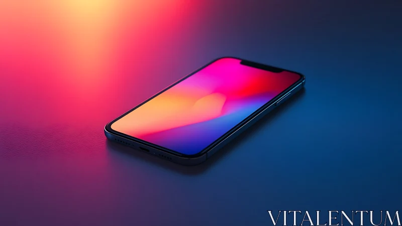 Modern smartphone displaying gradient display on reflective surface.