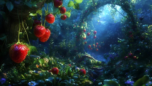 Enchanted forest strawberries glow under ethereal blue light.